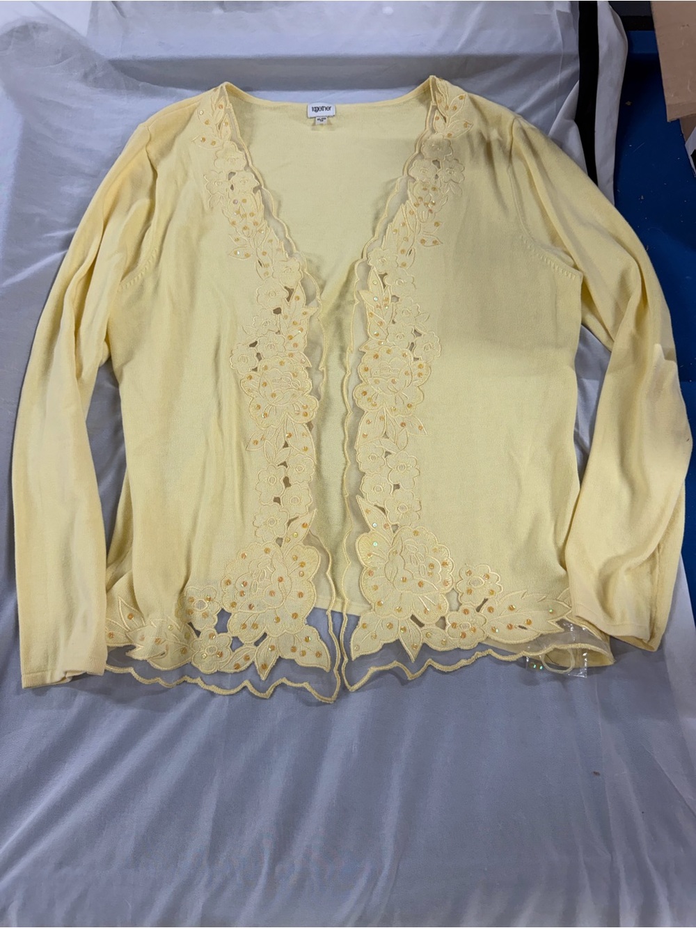 Together yellow lace beaded cardigan